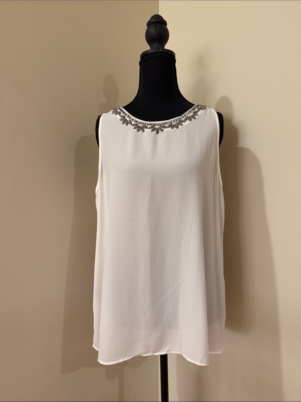 LOFT White Sleeveless Camisole with Silver Beaded Neckline Detail